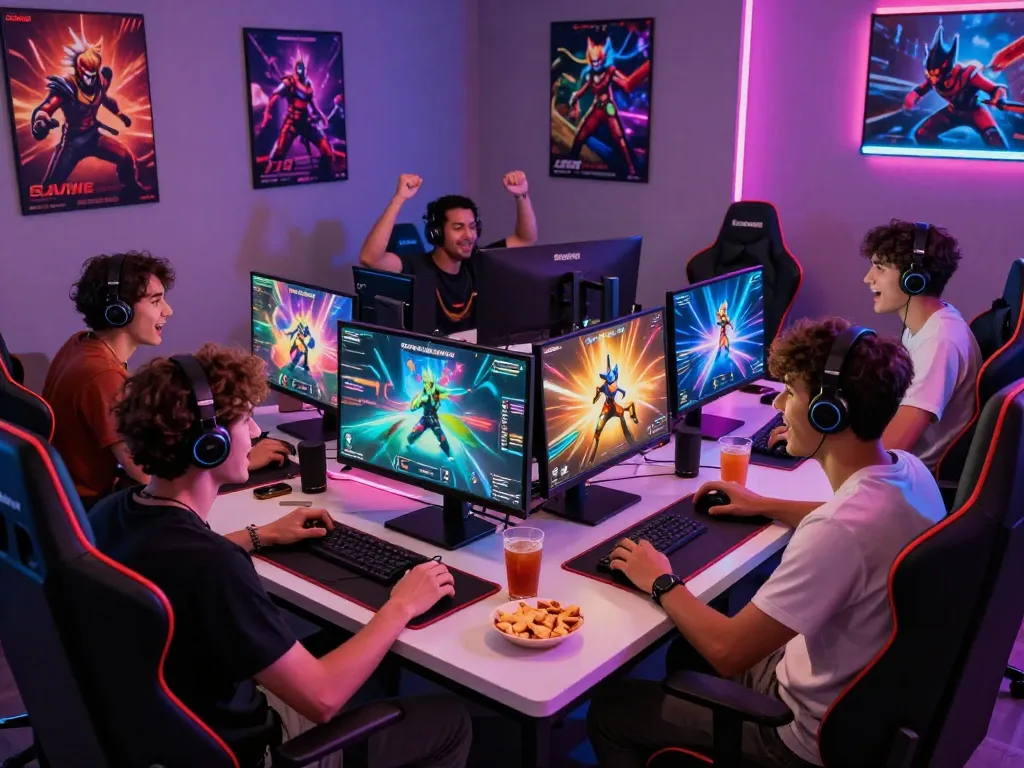 Sunwin gaming friends engaging in thrilling online gaming session with excitement.