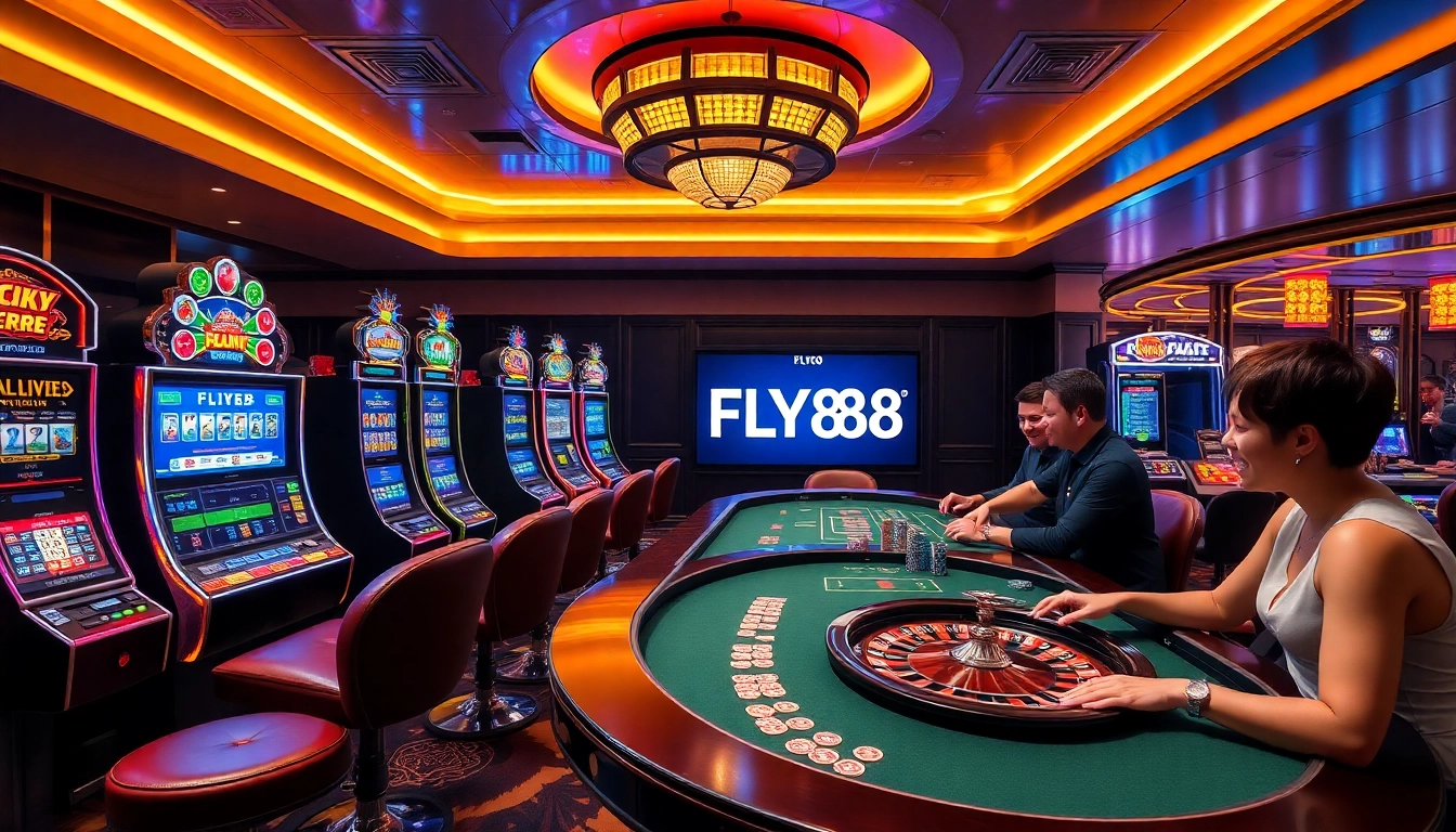 Exciting casino atmosphere showcasing FLY88 with vibrant games and joyful players.