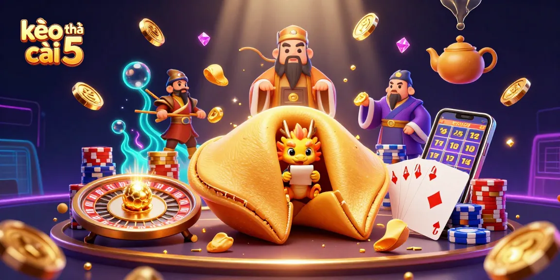 Experience kèo nhà cái 5 with this dynamic illustration of 3D casino elements and vibrant characters.