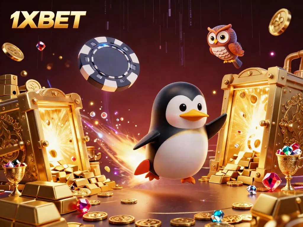 Experience thrilling action with the 1XBET penguin soaring through a vibrant casino galaxy.