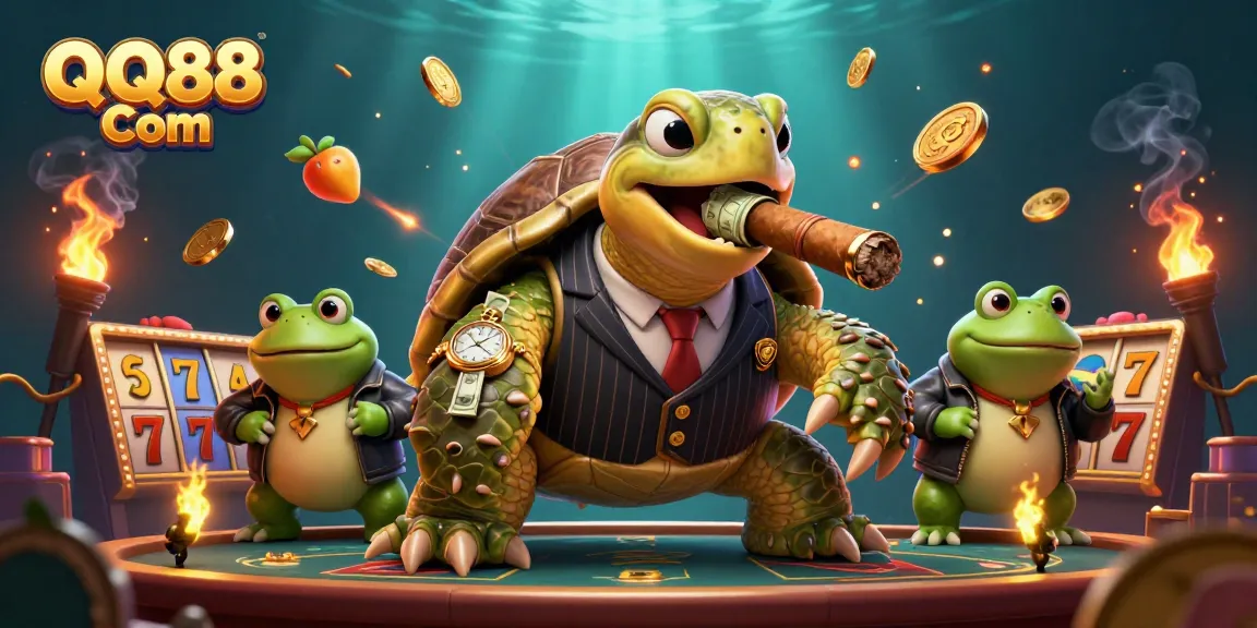 Engage with QQ88 Com's exciting slot games alongside colorful characters in a vibrant casino scene.