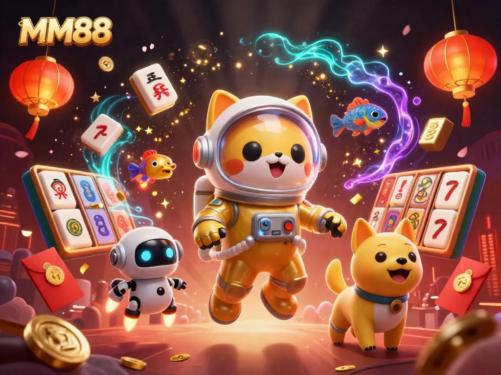 Experience thrilling gameplay with MM88 through vibrant slot reels and characters amidst energetic casino elements.