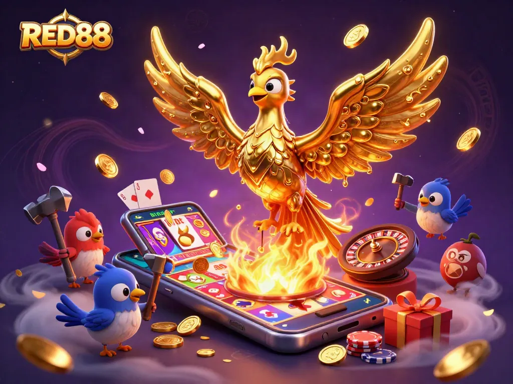 Experience thrilling action at RED88 with a golden phoenix amidst dazzling casino elements.