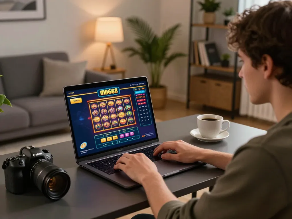 Player engaging with online mb668 slots at home, showcasing strategic gameplay in a modern setup