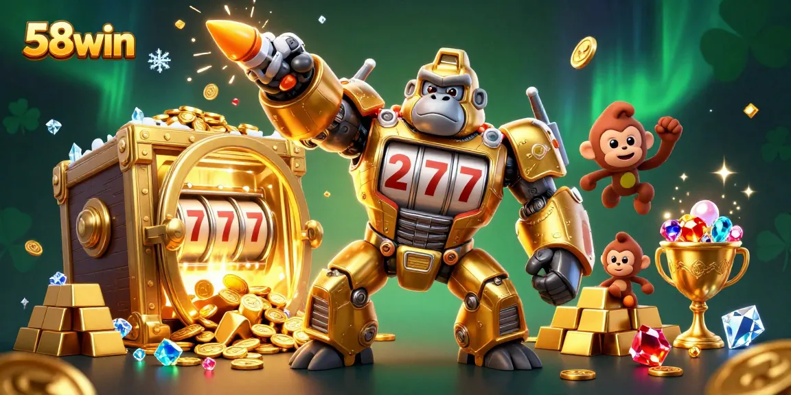 Experience 58win as the golden gorilla mech unleashes winning spins amidst a treasure explosion.