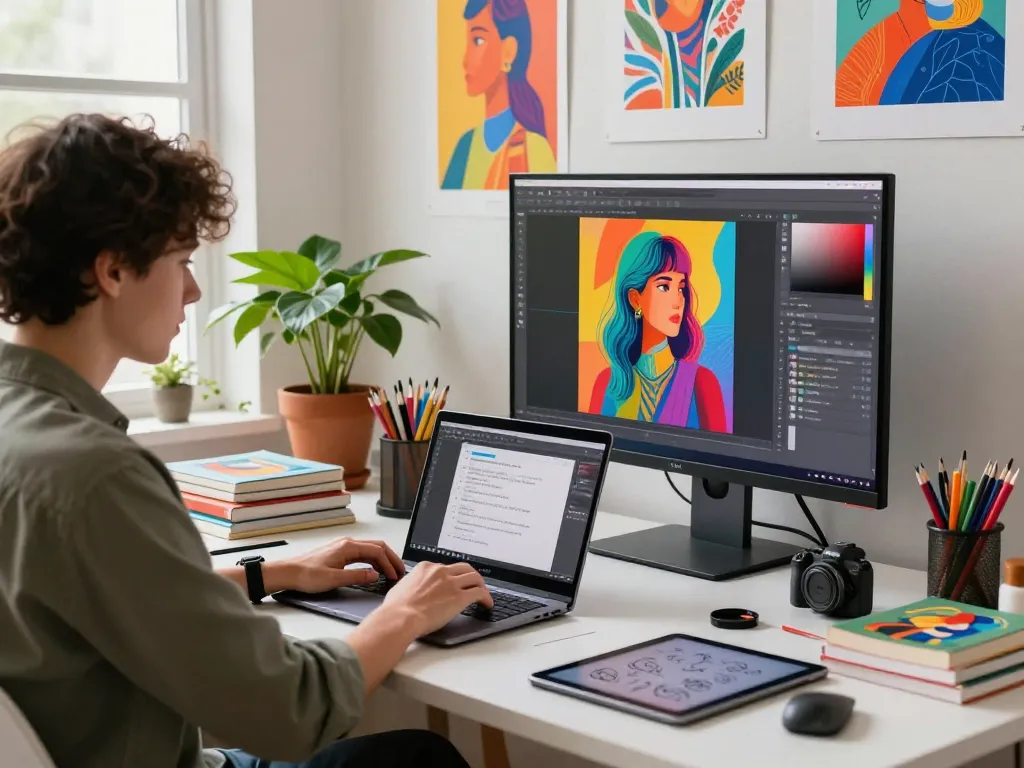 Designer using the nano banana pro AI image editor in a vibrant digital art studio.
