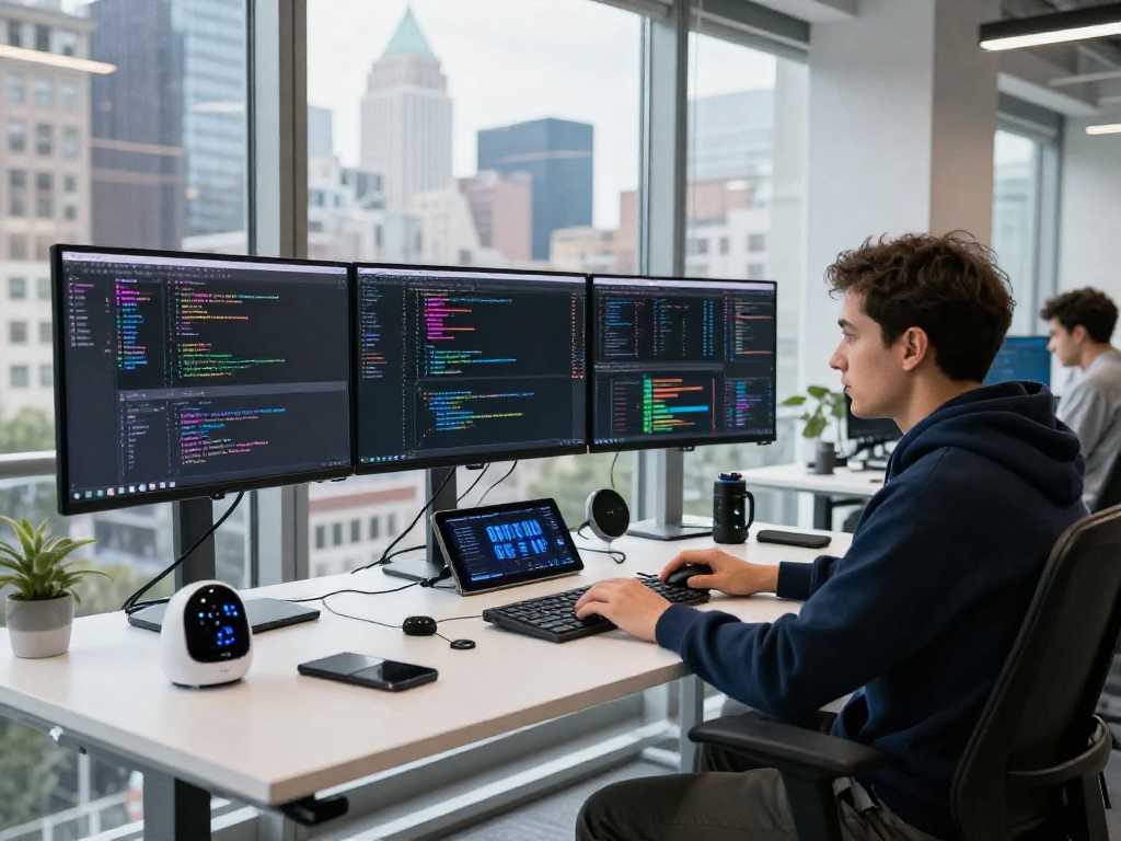 juicy ai developer collaborating in a modern tech workspace with colorful code displays and city skyline view