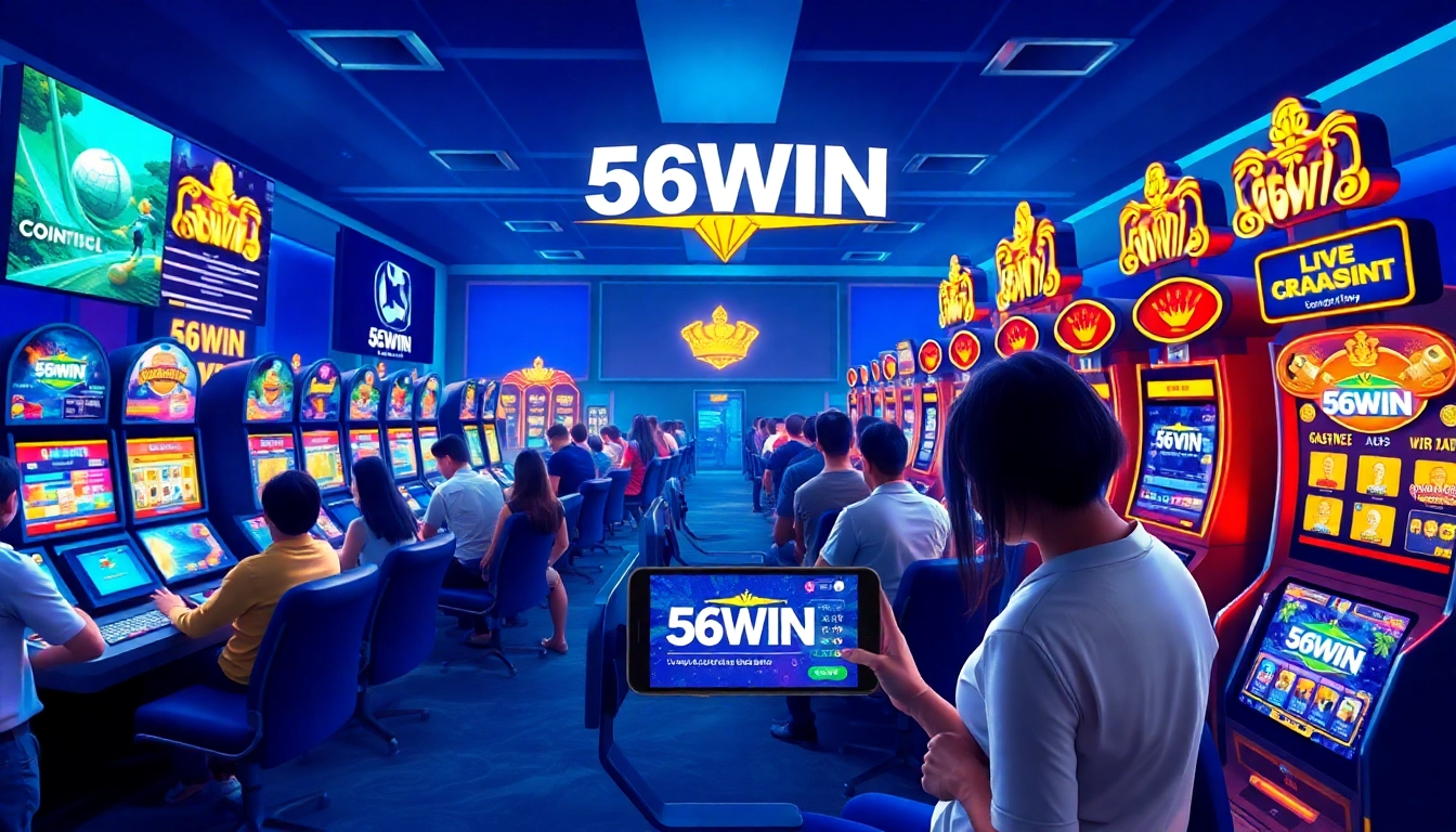Exciting gaming scene showcasing diverse players on trang chủ 56WIN, featuring sports betting, casino games, and digital slots.
