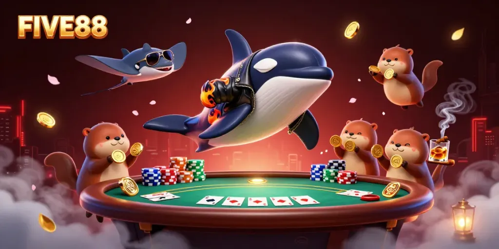 FIVE88 showcases a vibrant scene of an orca, stingray, and sea otters enjoying a dynamic gambling atmosphere.