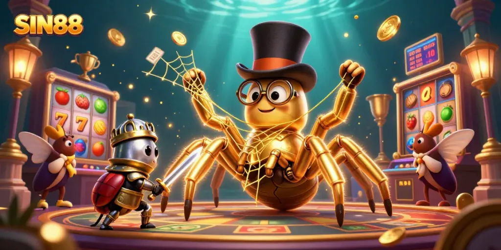 SIN88 features a golden tarantula and beetle knight surrounded by exciting slot machines and casino elements.