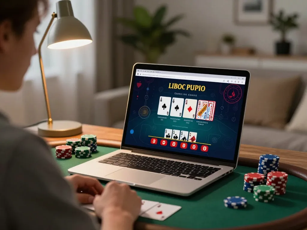 rokok88 player engaging in live dealer blackjack on a laptop in a cozy home setting