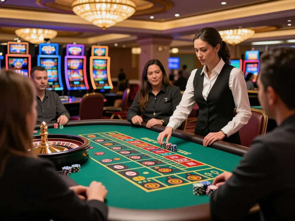 rokok88 players engaging at a roulette table with chips and lively atmosphere in vibrant casino