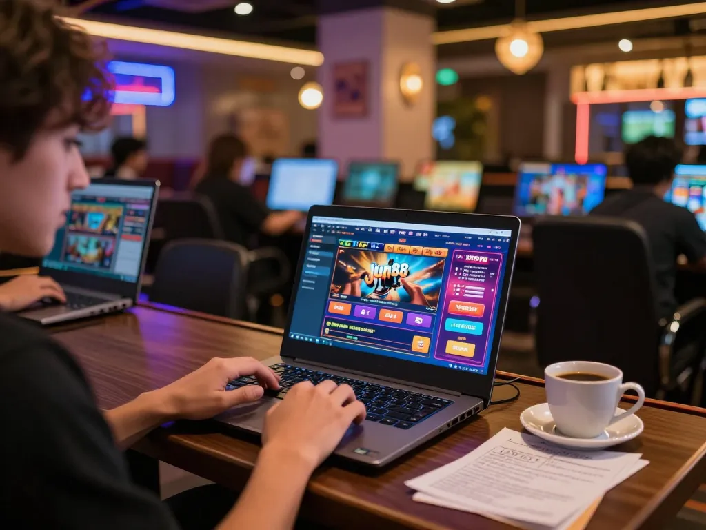 Player enjoying online casino games on jun88 platform from stylish home setup