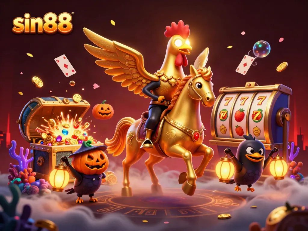 Experience the thrill of sin88 in a vibrant casino scene with golden rooster and dynamic elements.