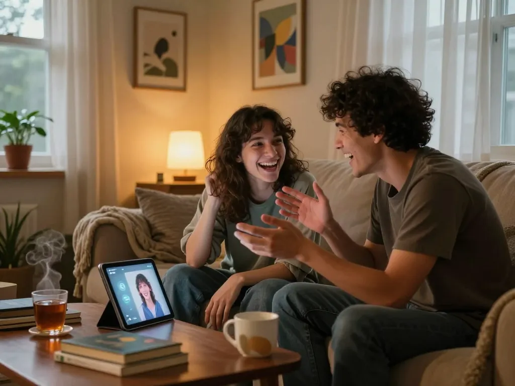 Engaging sex chat AI interaction in a cozy living room setting, showcasing connection and technology.