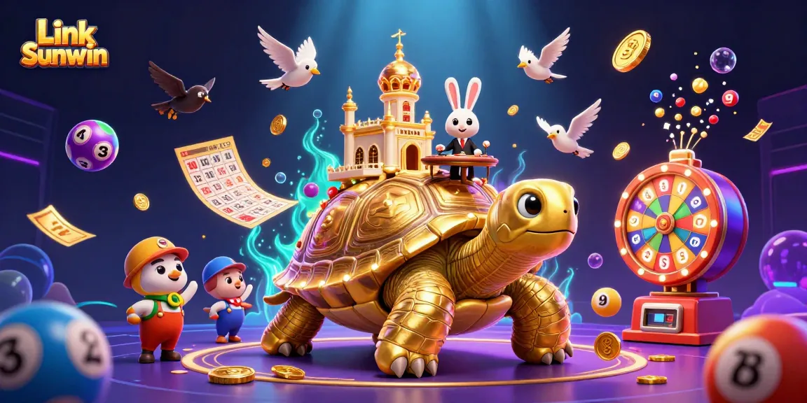 Experience Link Sunwin with an illustration of a vibrant casino scene featuring golden coins and colorful lottery elements.