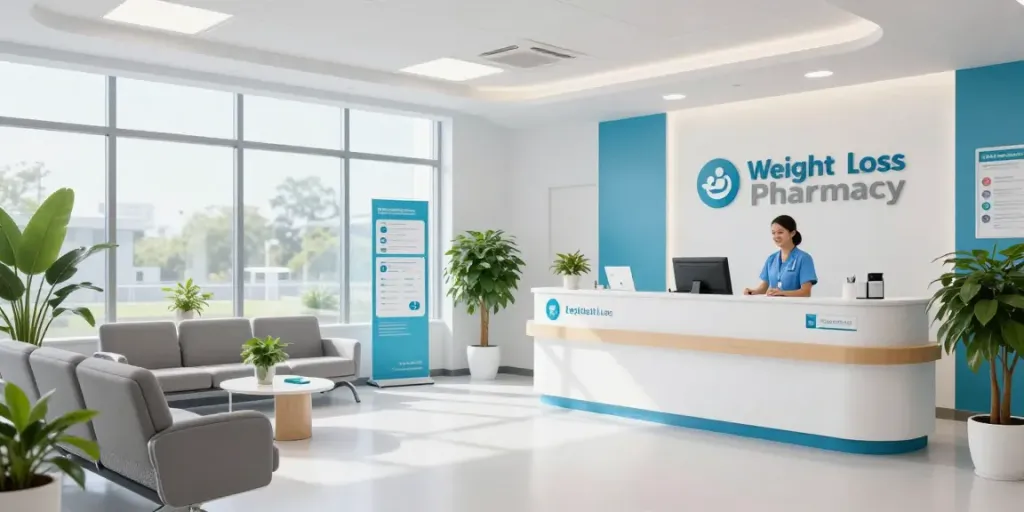 Welcoming reception area of a weight loss pharmacy featuring friendly staff and health information displays.