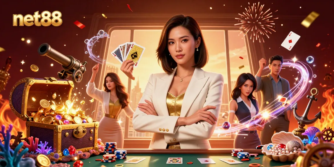 Experience thrilling gameplay with net88 in a vibrant casino scene featuring an elegant dealer surrounded by sparkling game elements.