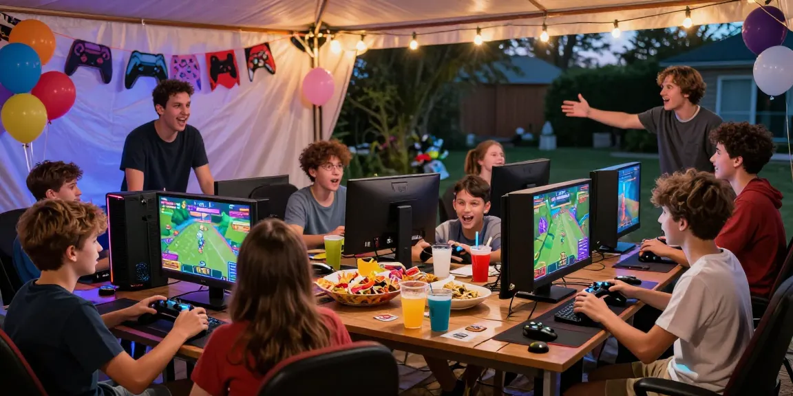 Gaming party London with excited kids playing Fortnite in a festive backyard setup.