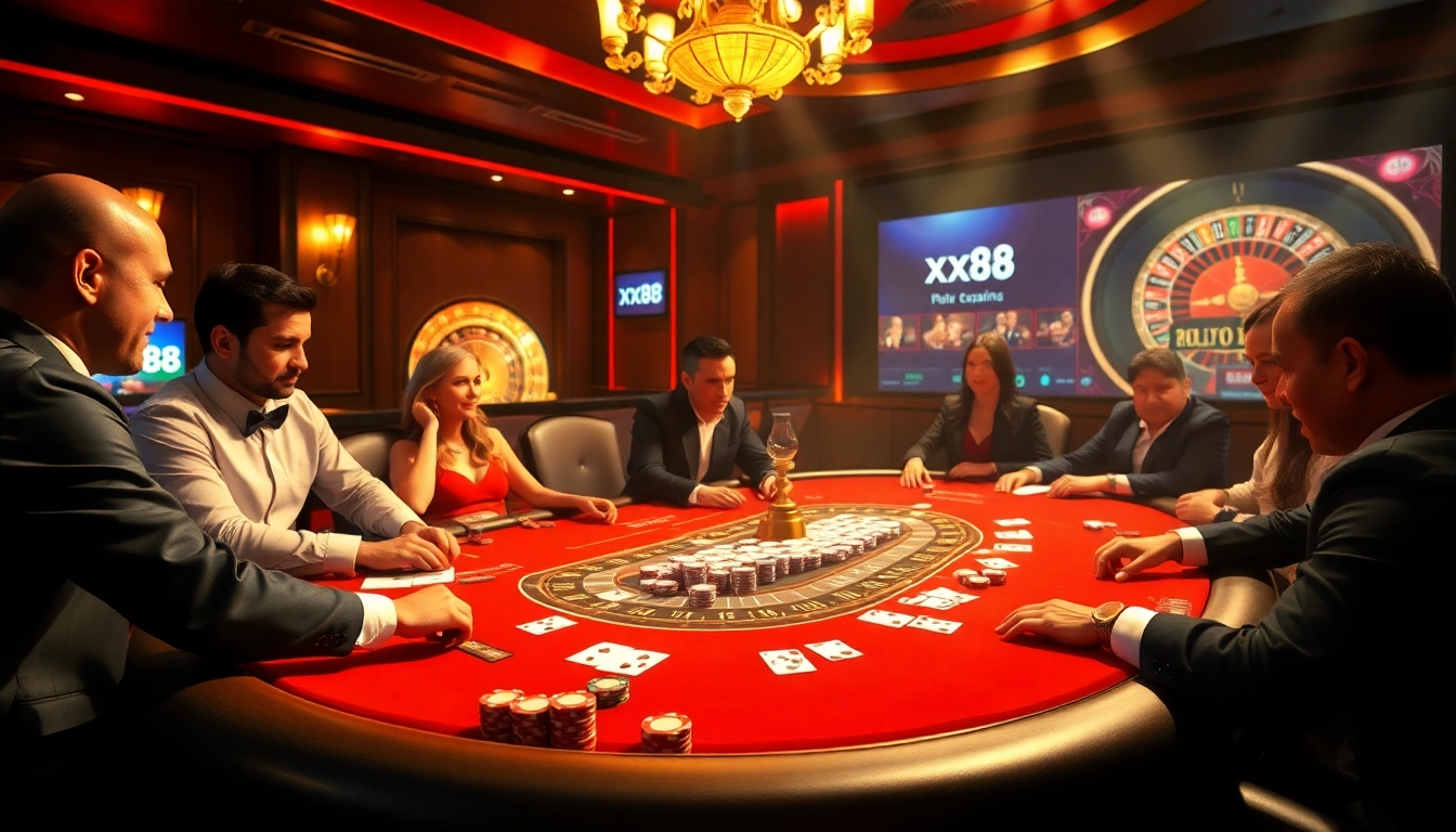 Experience the thrill of poker at xx88 with professional players and vibrant casino elements.