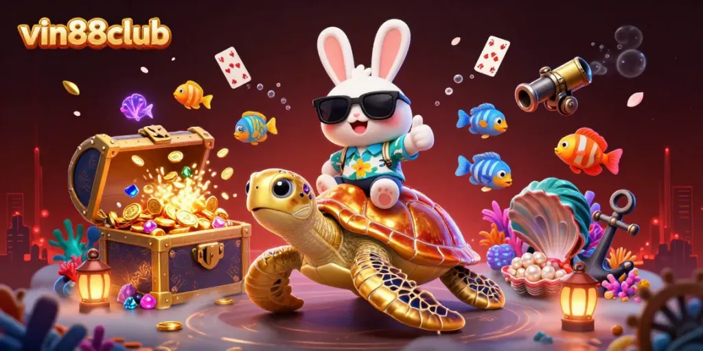 Experience thrill and excitement at vin88club with a dynamic underwater casino scene full of treasures.