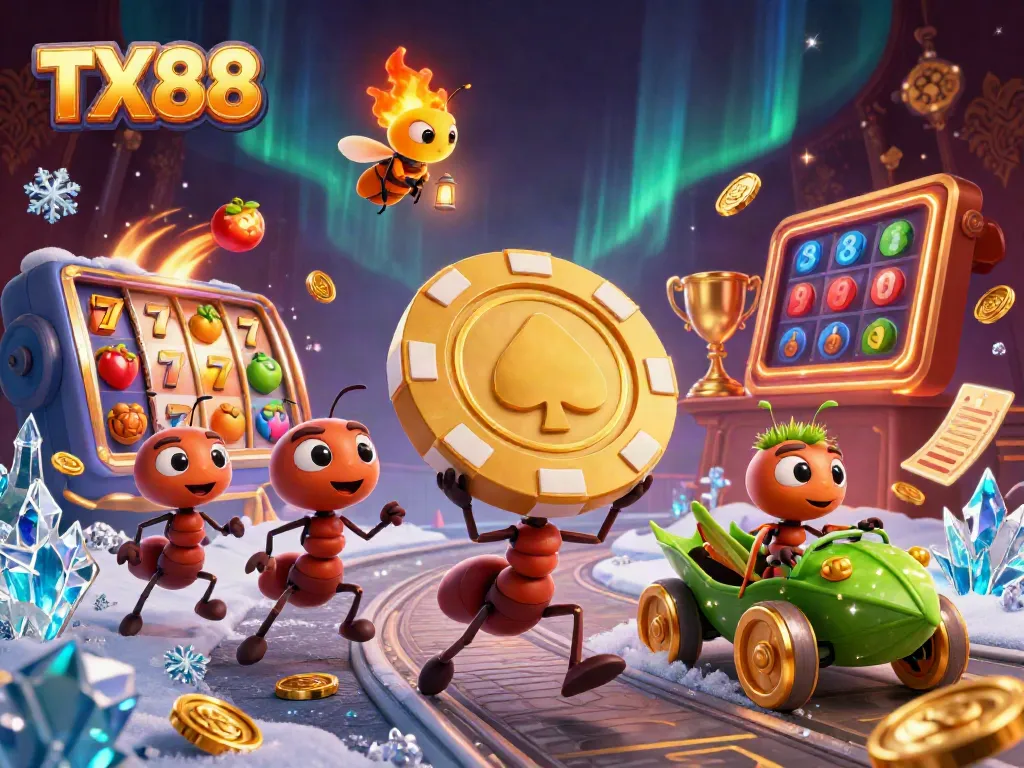 TX88 showcases a creative 3D heist with ants, a firefly, and a grasshopper in a vibrant casino-themed scene.