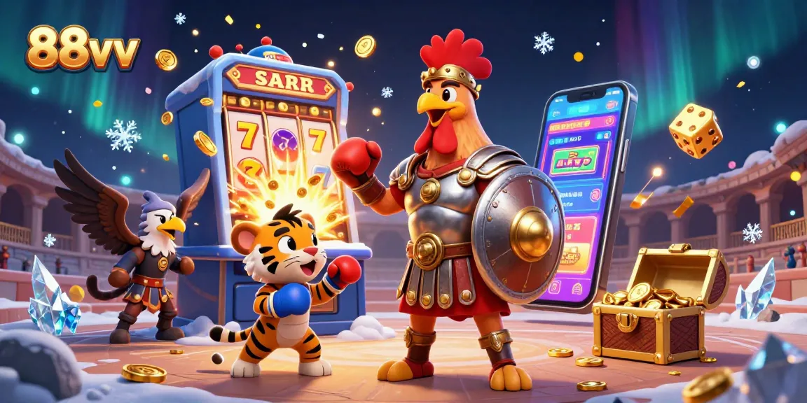 Experience the thrill at 88vv with a vibrant casino scene featuring a gladiator rooster and dynamic gaming elements.