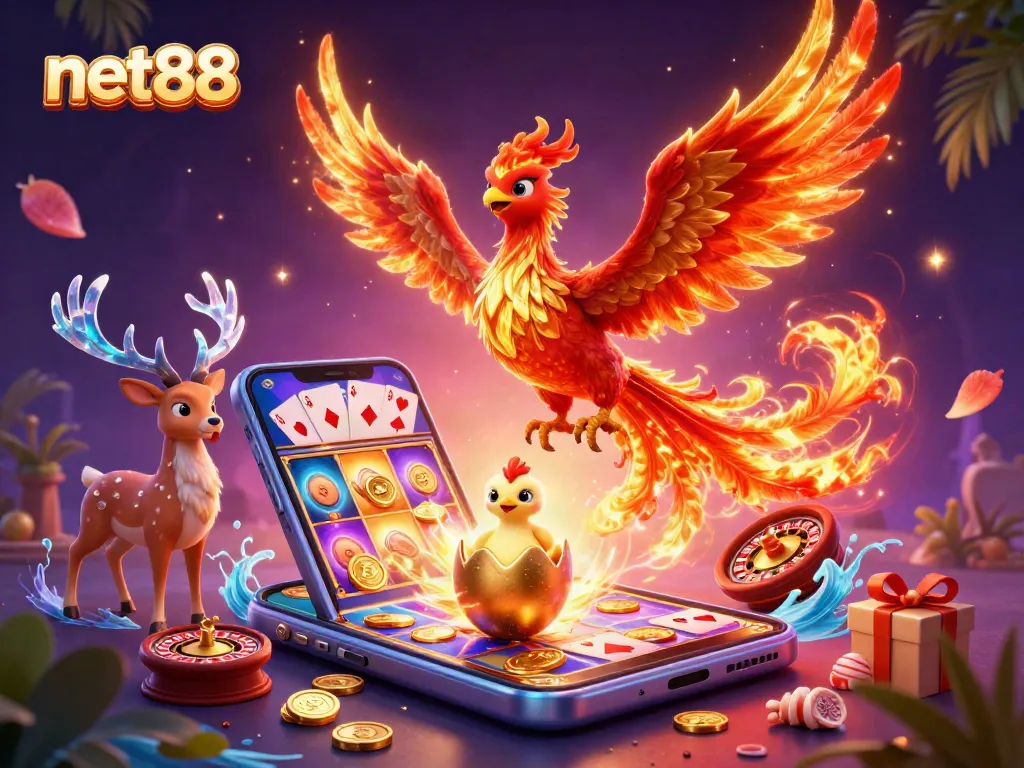 Experience the excitement of net88 with a vibrant 3D phoenix and casino games in this dynamic illustration.