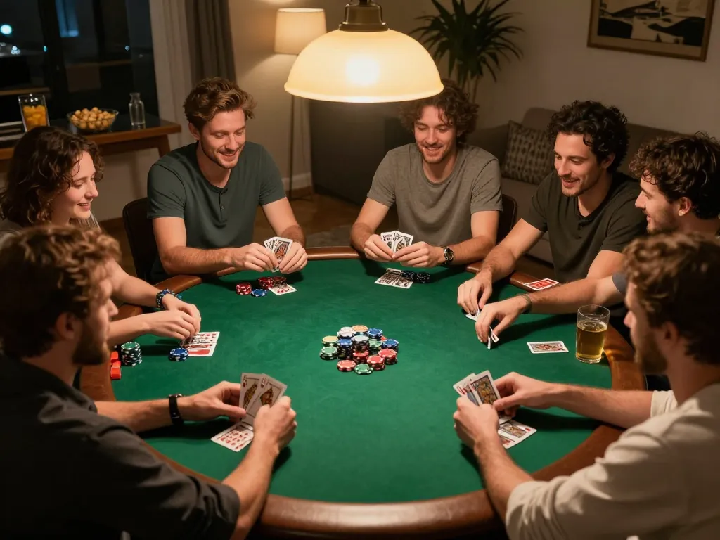 A group of friends playing poker at home, enjoying an engaging poker night atmosphere while using 8kbet strategies.