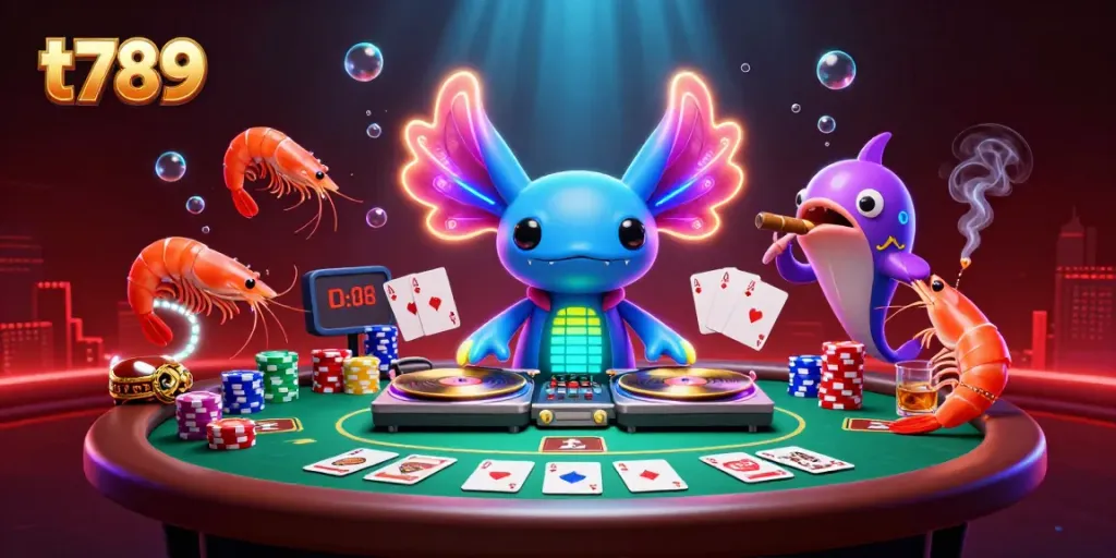 Experience exhilarating play at t789 with a vibrant 3D casino scene featuring playful characters and poker elements.