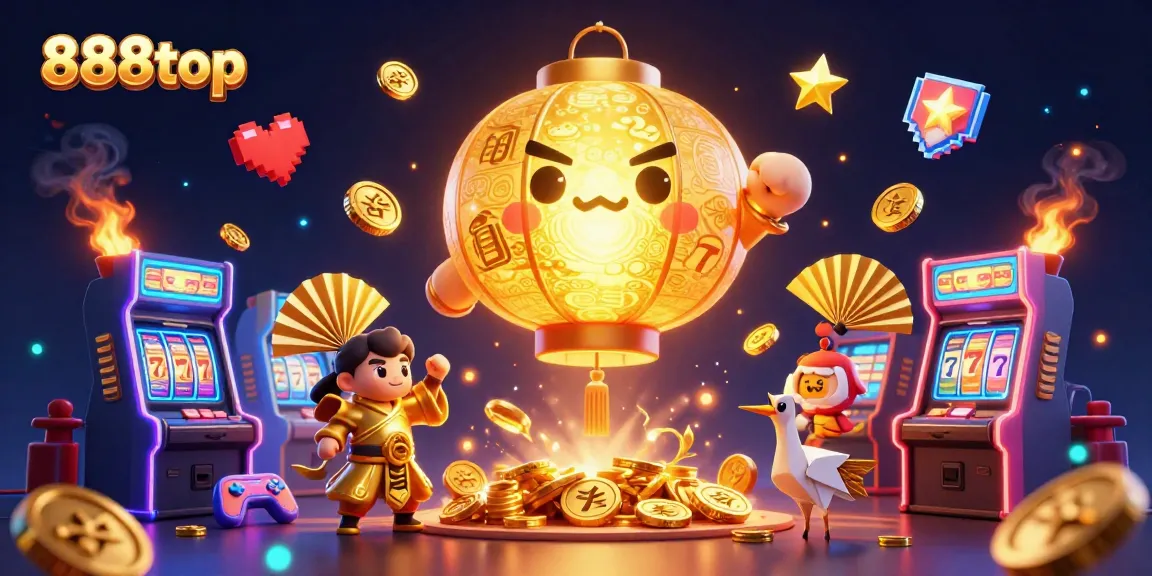 Engage with 888top's vibrant casino world, featuring a golden lantern spirit amidst slot machines and arcade games.