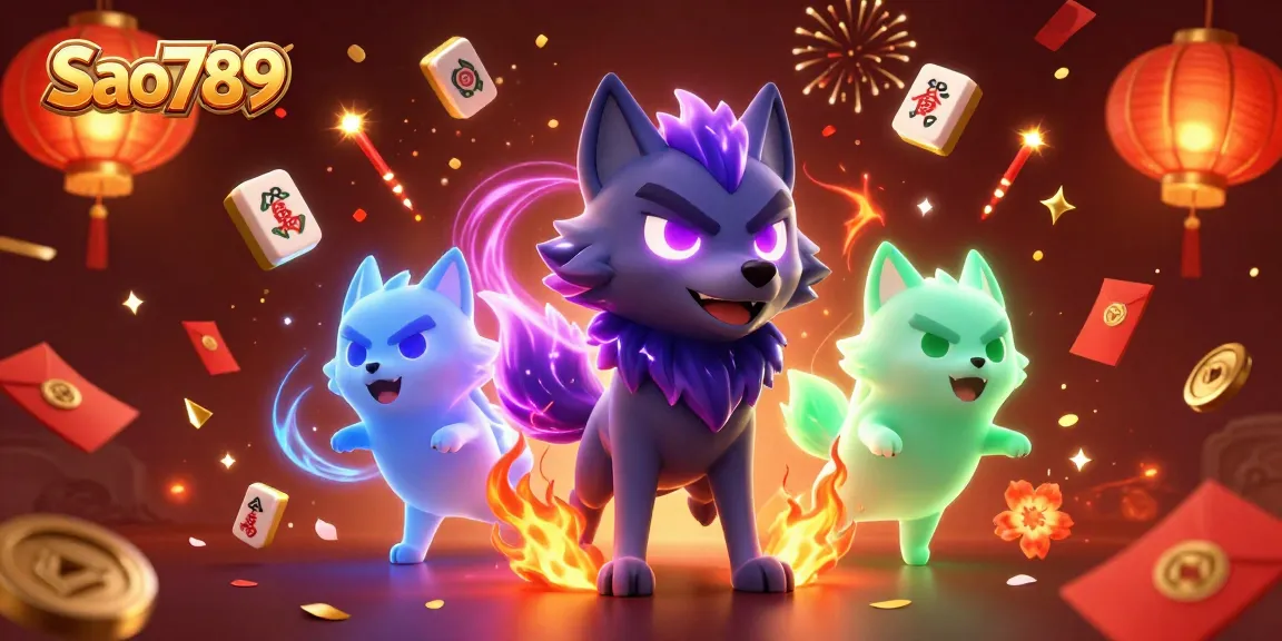 Sao789 showcases a vibrant gaming atmosphere with ghostly wolves and festive decorations in a captivating 3D illustration.