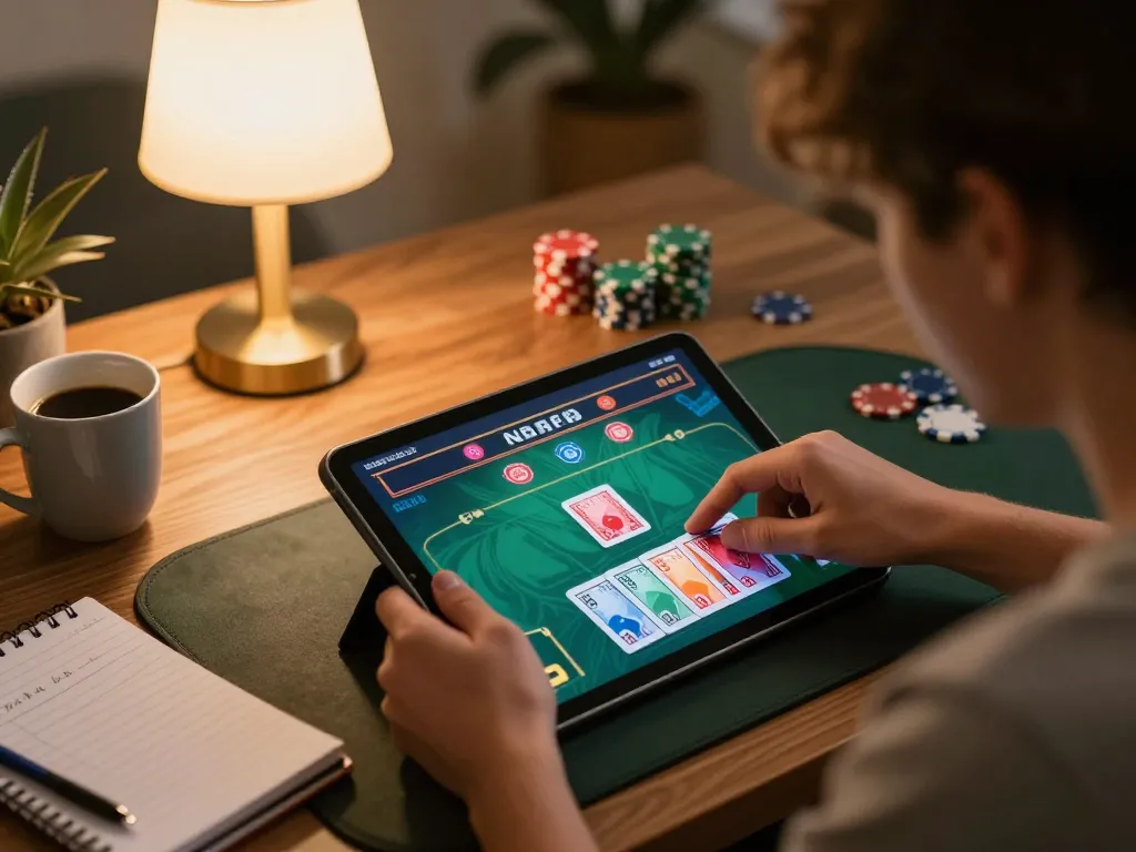 Engaging online poker action on 888b tablet, showcasing strategic play with cards and chips in cozy home atmosphere