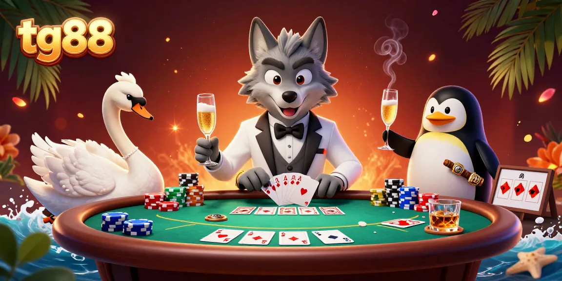 Tg88 showcases a lively 3D casino scene with a debonair wolf, graceful swan, and penguin presenting champagne while gambling.