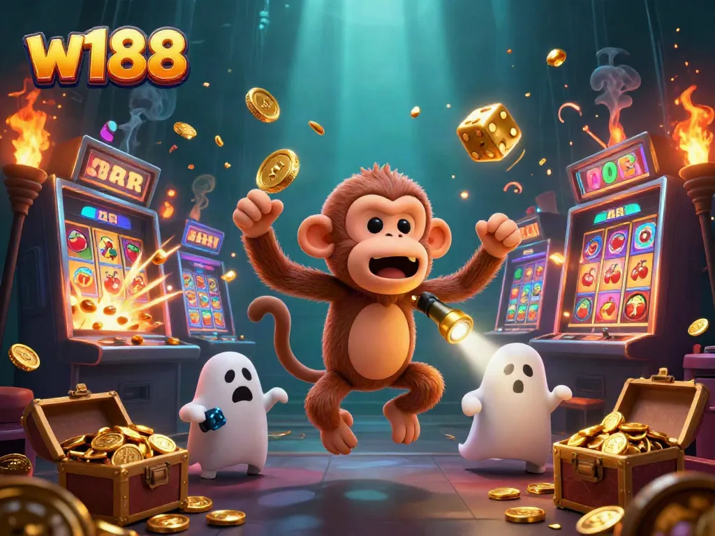 Experience the magical world of gambling and gaming with w188, featuring a playful ghostly monkey in an enchanting casino.