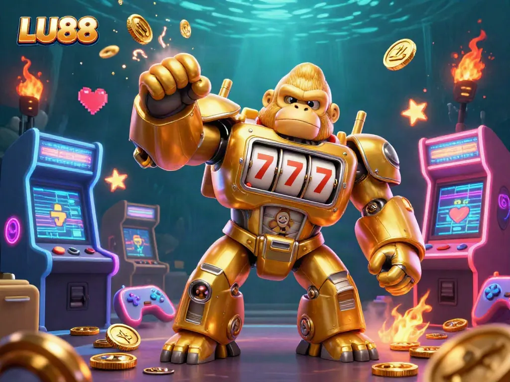 Experience the thrilling LU88 online casino with dynamic games and golden gorilla mech action.