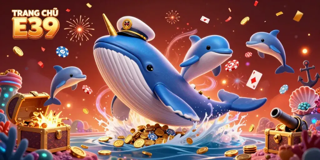Experience TRANG CHỦ E39 with a vibrant underwater scene featuring a playful whale, dazzling treasures, and festive poker chips.