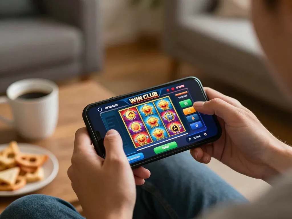 Engaging gameplay on the IWIN CLUB app showing vibrant slots interface and a cozy home setting.
