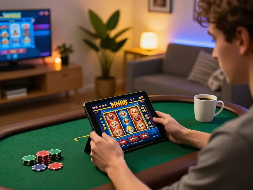 Engage with MN88 Casino on a tablet in a stylish home setup, highlighting online gaming excitement.