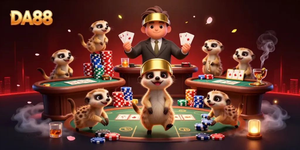 Experience thrilling DA88 casino action with meerkats dealing cards and managing a poker game.