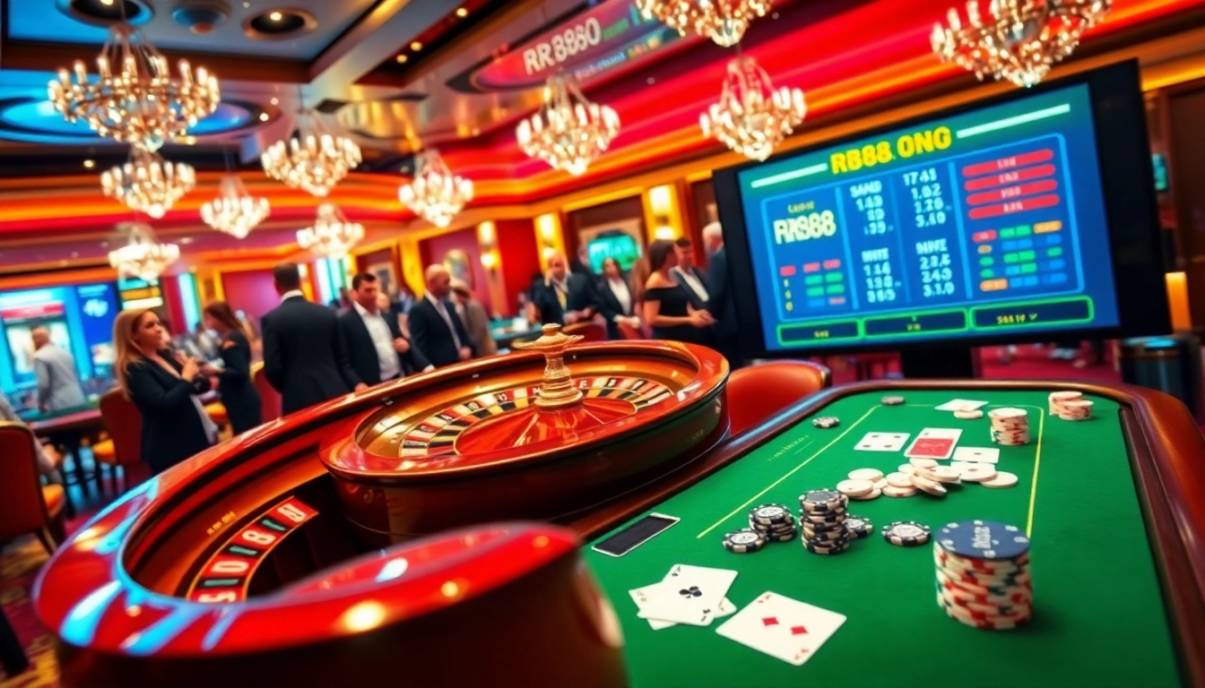 Experience excitement at rr888 with vibrant casino games, roulette wheel, and elegant players.