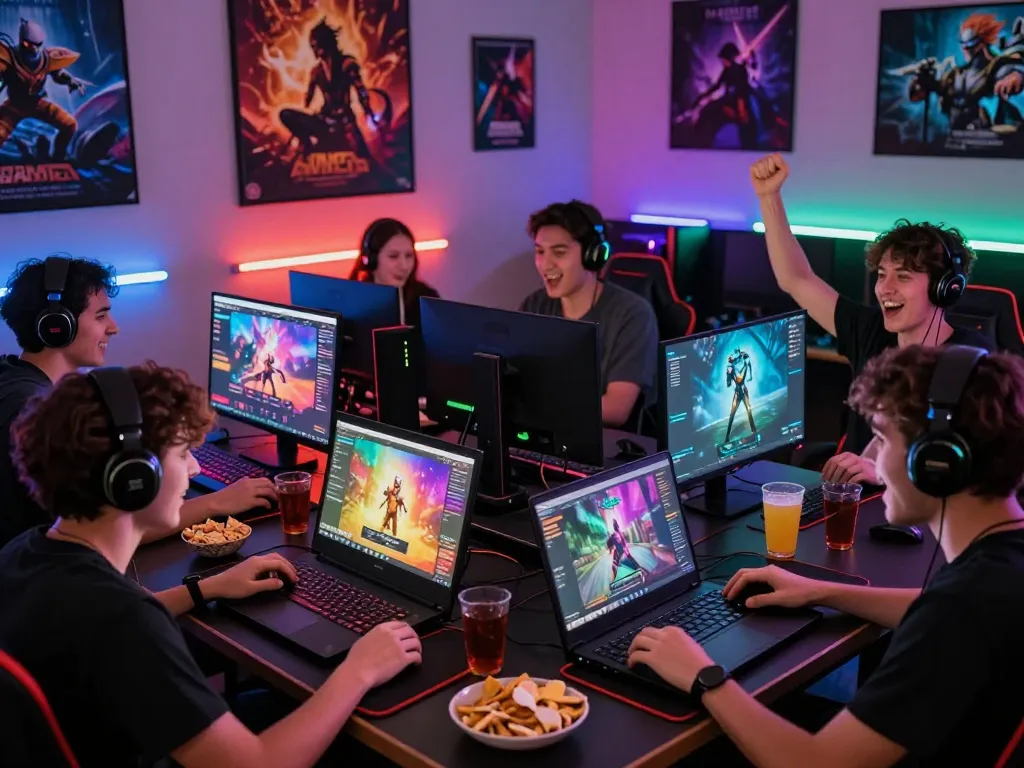 Group enjoying diverse porn games online on computers and mobiles in vibrant gaming room.