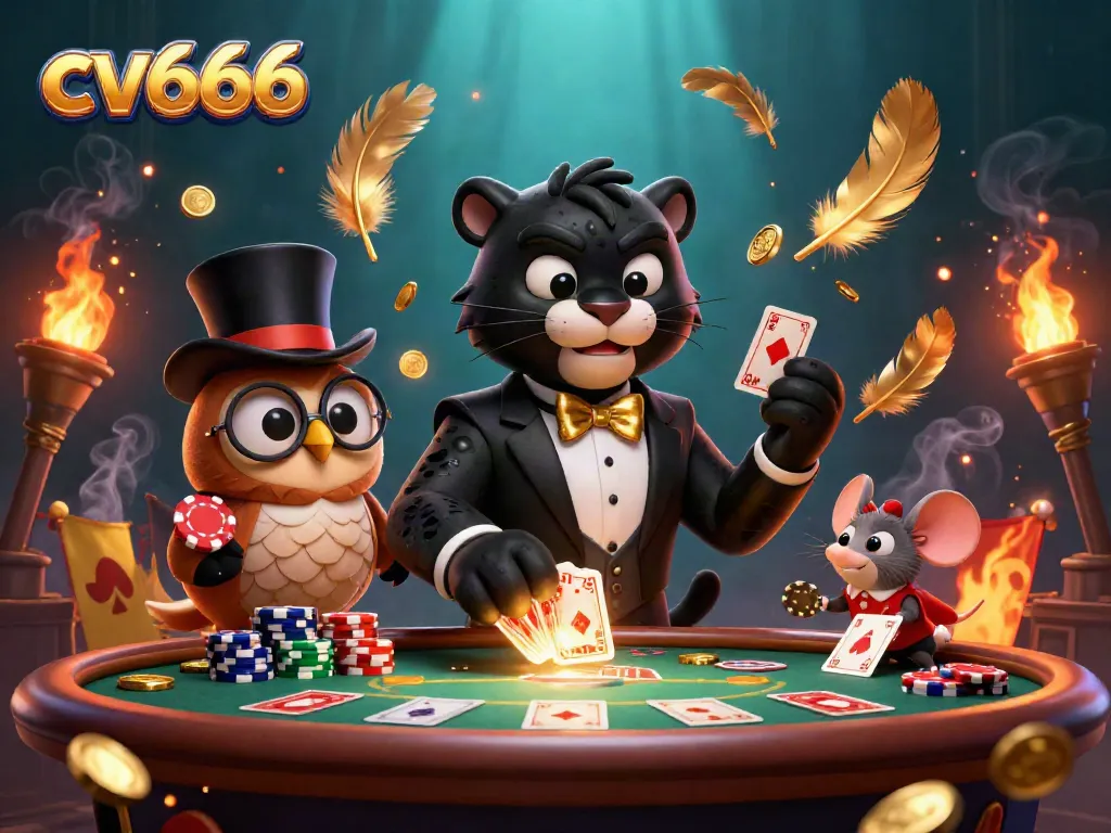 Experience the excitement of cv666 with a cartoonish casino scene featuring a tuxedo panther, an owl, and poker chips.
