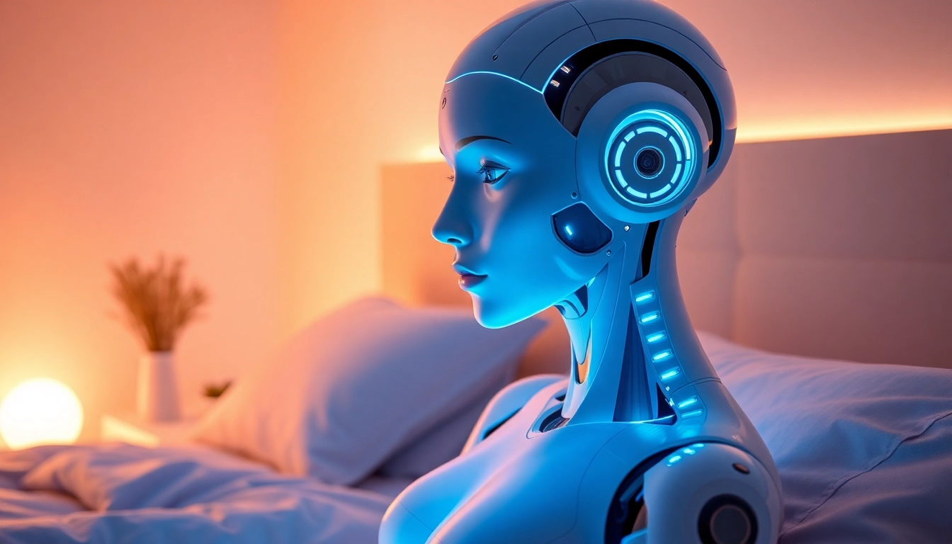 AI sex companion in a modern bedroom, highlighting innovation and intimacy.