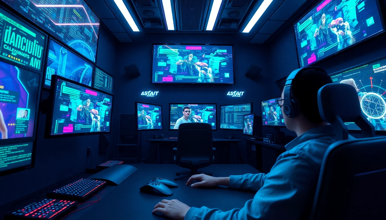 Dynamic gaming studio showcasing game AI innovation with vibrant screens and a creative atmosphere.