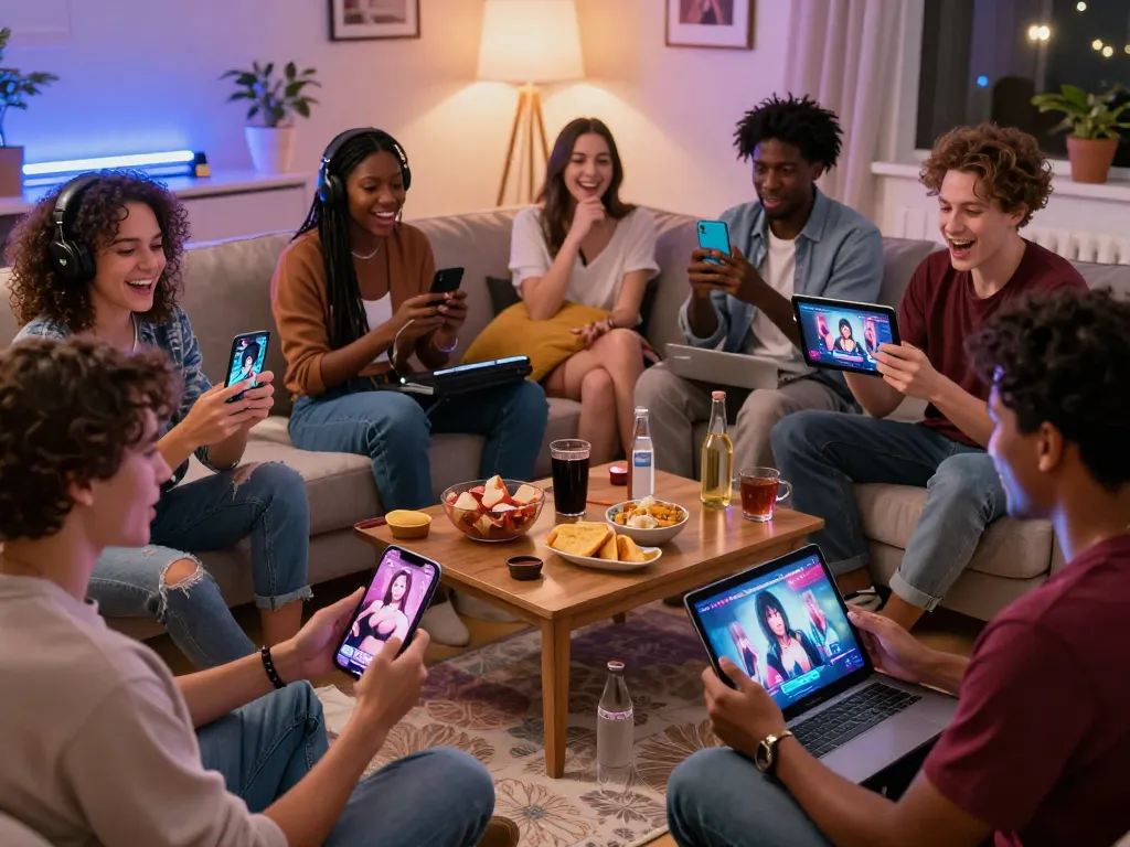 Players enjoying a porngame in a cozy living room, engaging on smartphones and laptops with dynamic interactions.