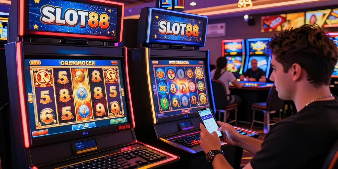 SLOT88 daftar page showing excited players engaging with vibrant slot games and a live dealer, capturing the thrill of online gaming.
