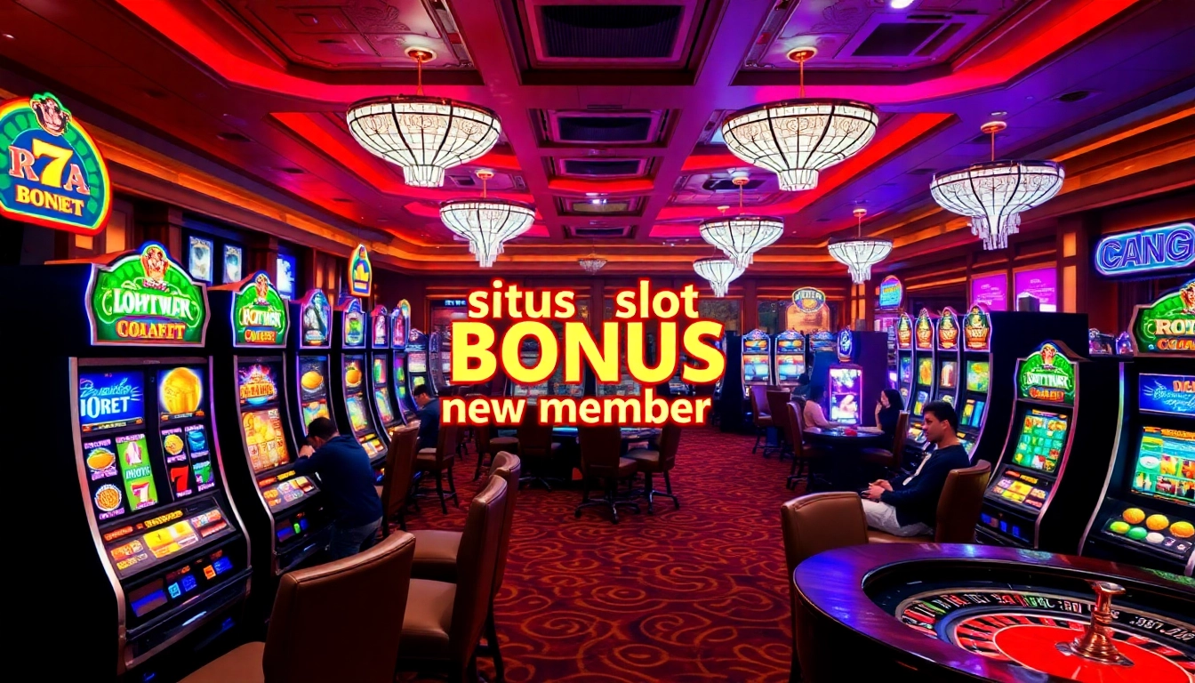Situs slot bonus new member showcased with vibrant slot machines and excited players in a luxury casino environment.