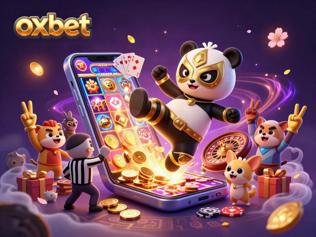 Experience the thrill of oxbet with a vibrant 3D casino scene featuring exciting games and lively characters.