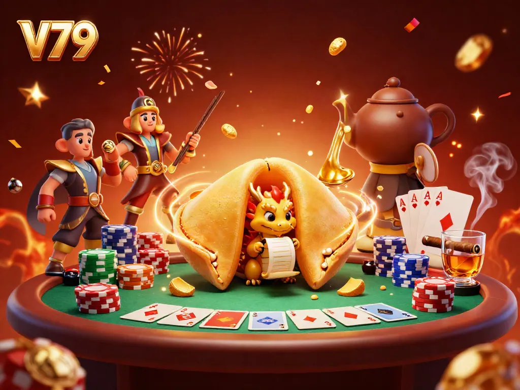 Engage in thrilling gameplay at V79 with a vibrant 3D illustration featuring exciting casino elements and characters.